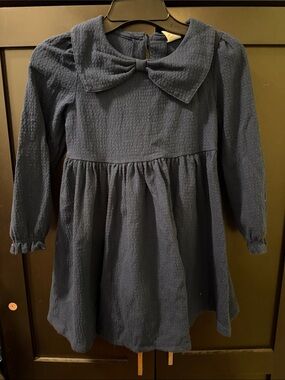 Girls Navy Textured Long Sleeve Dress with Peter Pan Collar 5T